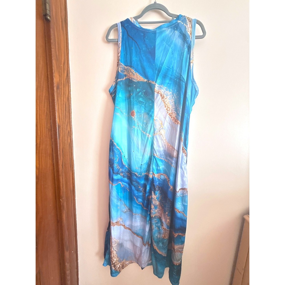 Blue Gold Abstract Marble Print Sleeveless V-Neck Maxi Dress Womens Large - Picture 5 of 5